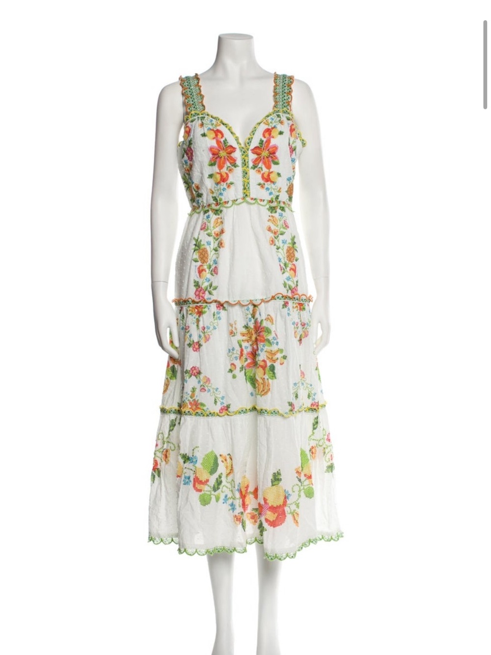 Farm Rio Embroidered White Floral Tiered Midi Dress